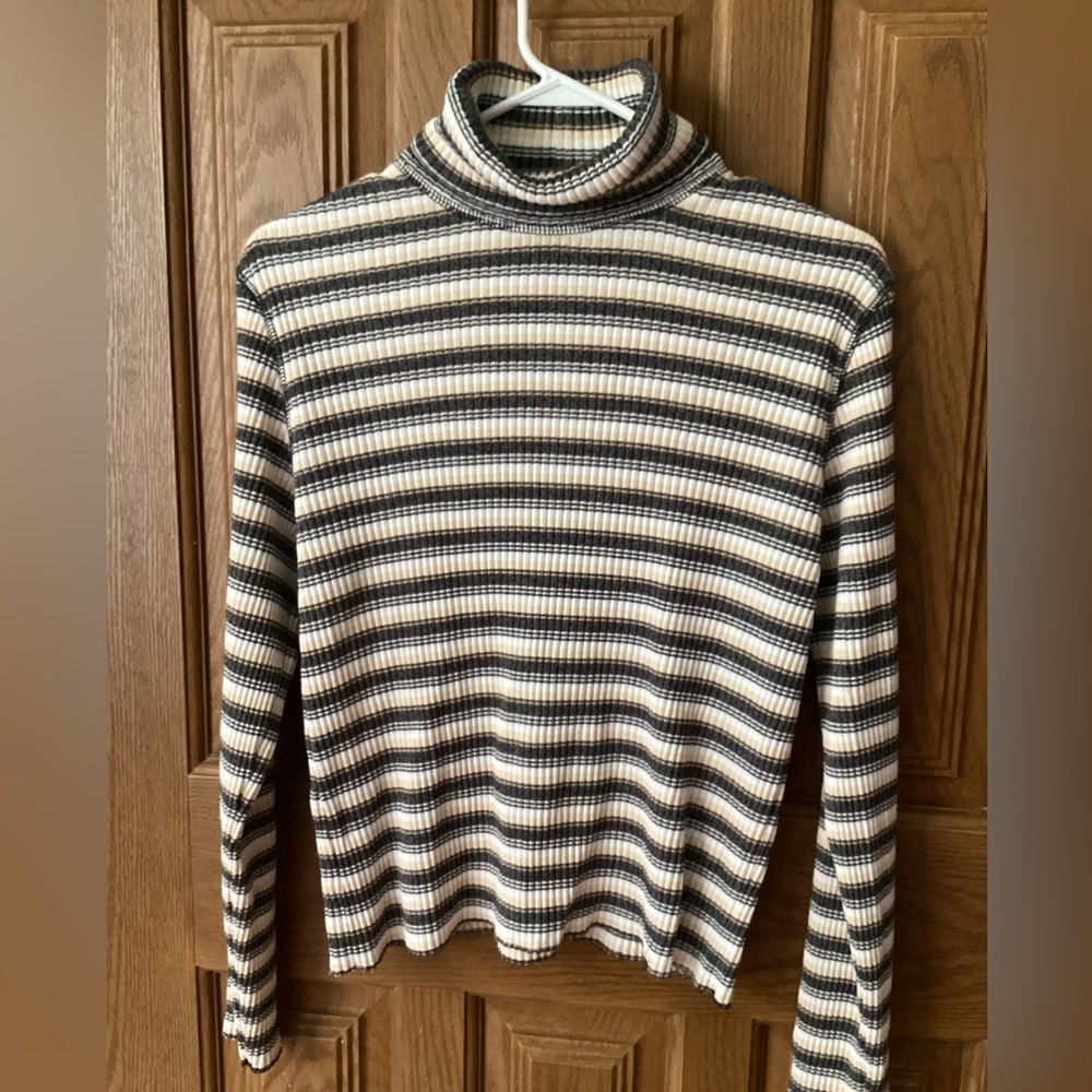 Ann Taylor LOFT turtleneck strip Grey White Cream sweater size L